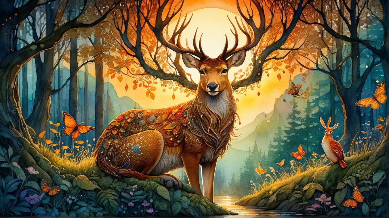 Majestic deer in an autumn forest by a stream