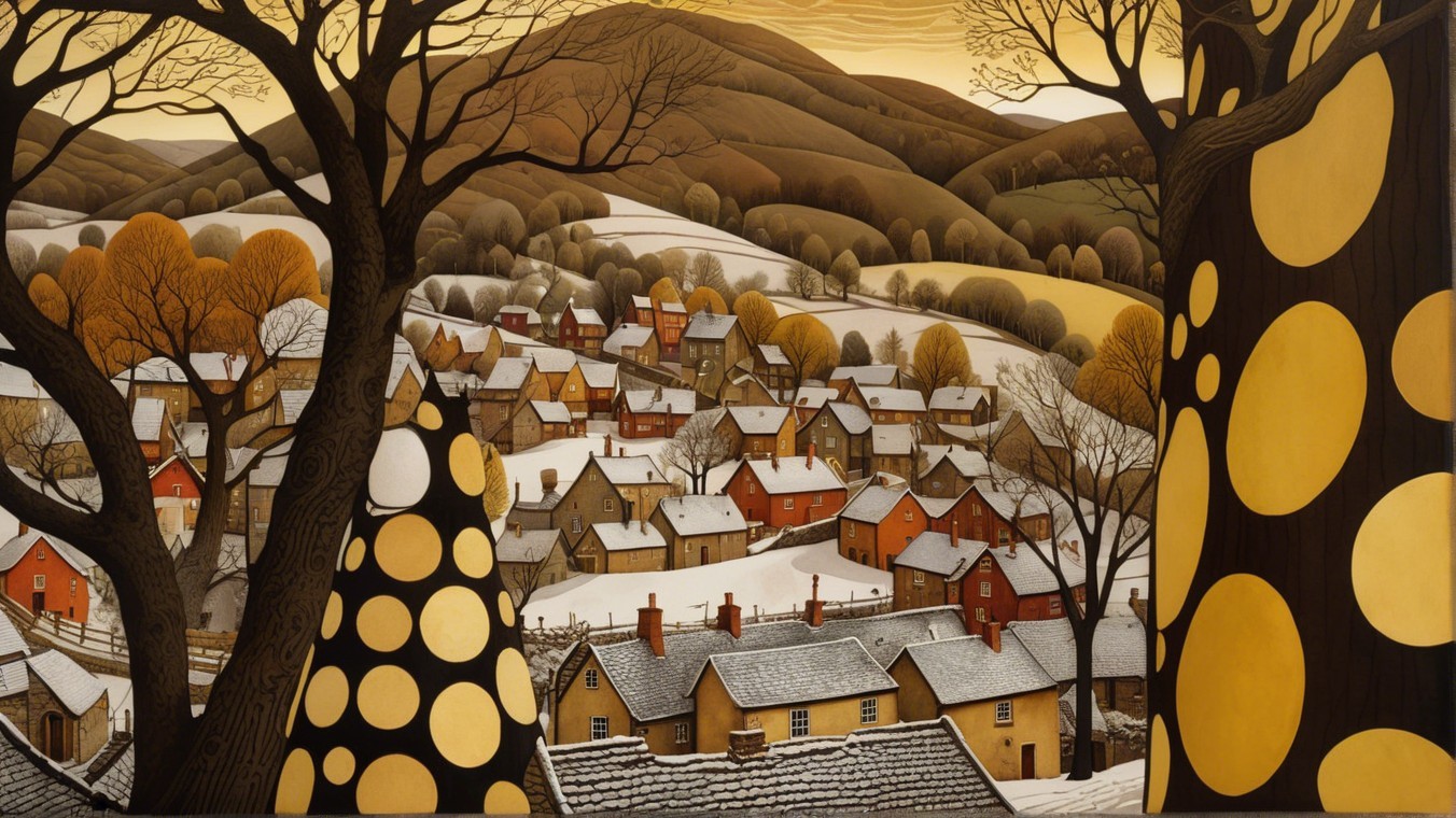 Winter Landscape with Village and Snowy Hills