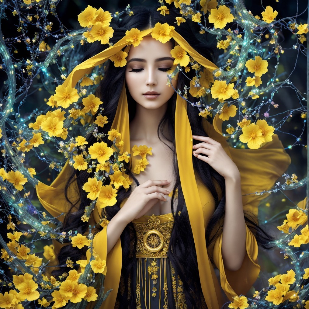 Serene Woman in Golden-Yellow Gown Among Flowers
