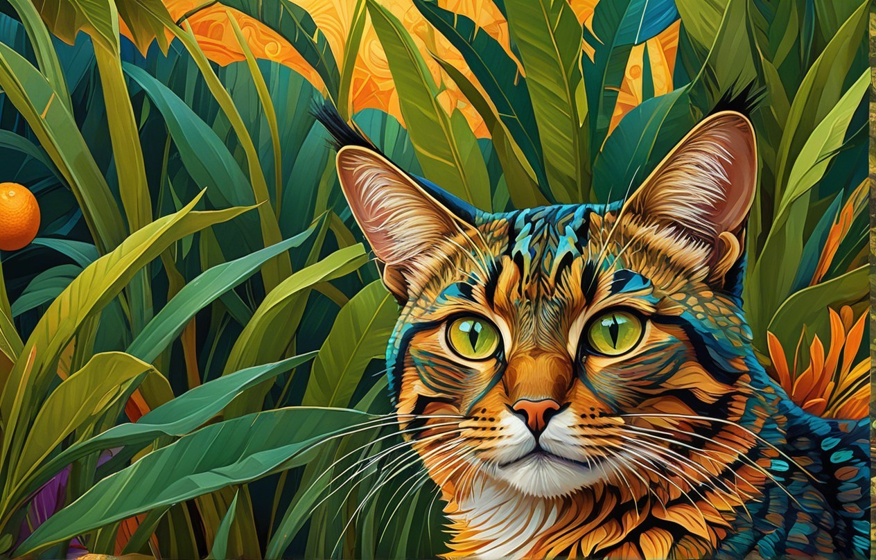 Vividly Painted Cat in Tropical Jungle Setting