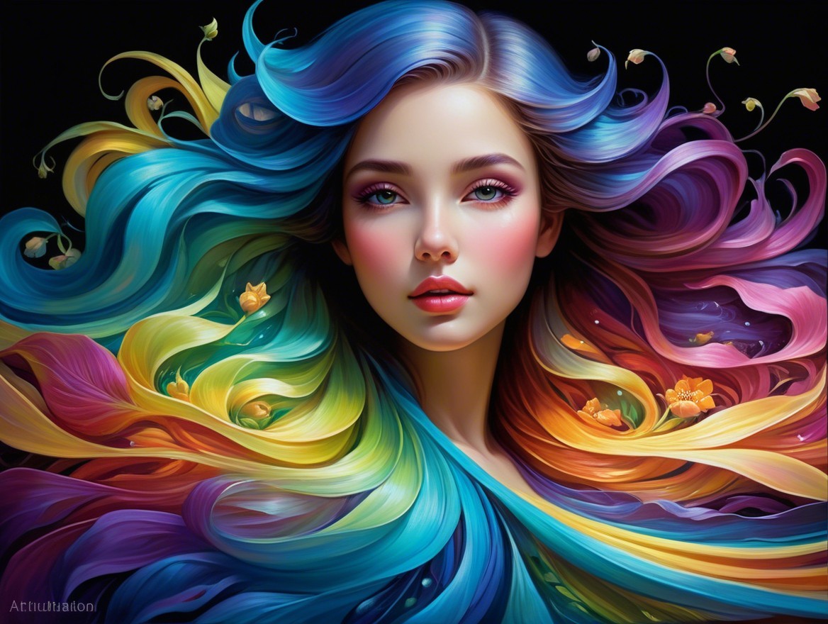 Ethereal girl with vibrant hair and whimsical flowers