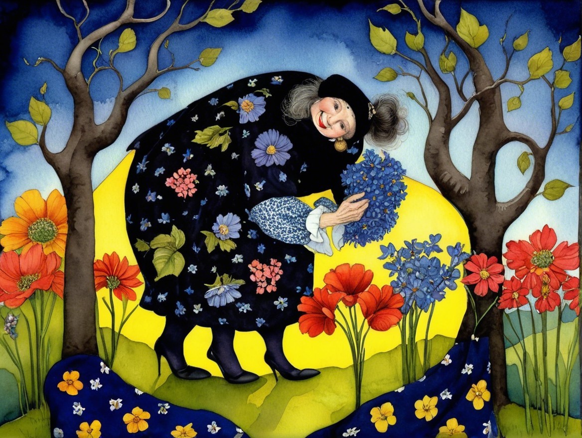 Whimsical Illustration of a Woman with Colorful Flowers
