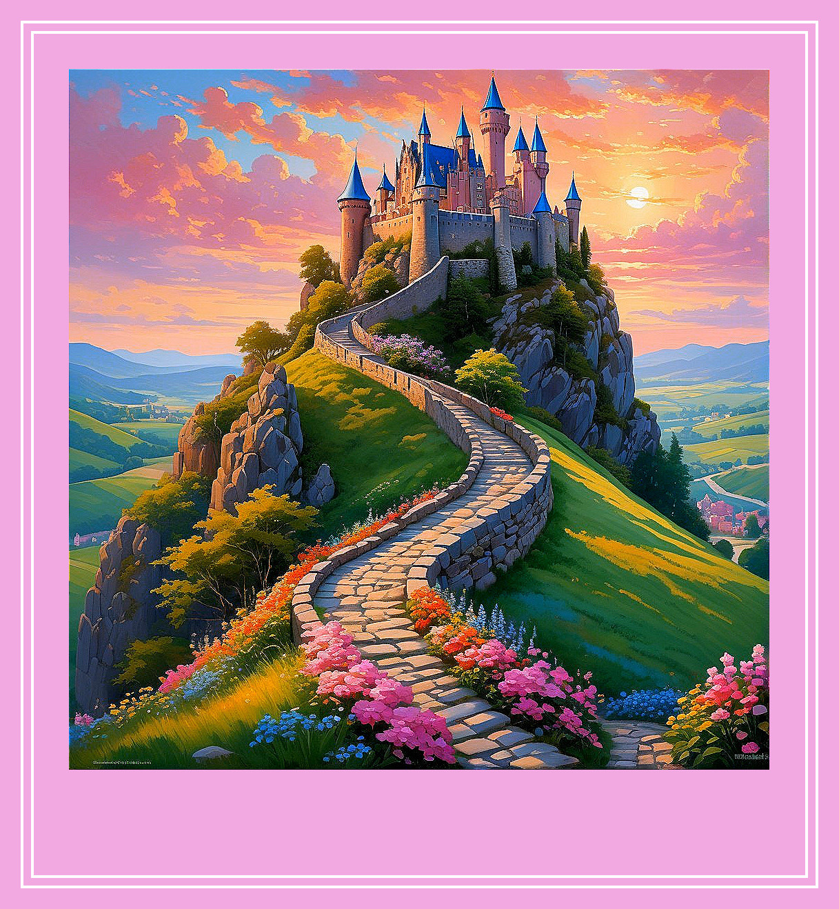 Majestic castle atop hill during vibrant sunset
