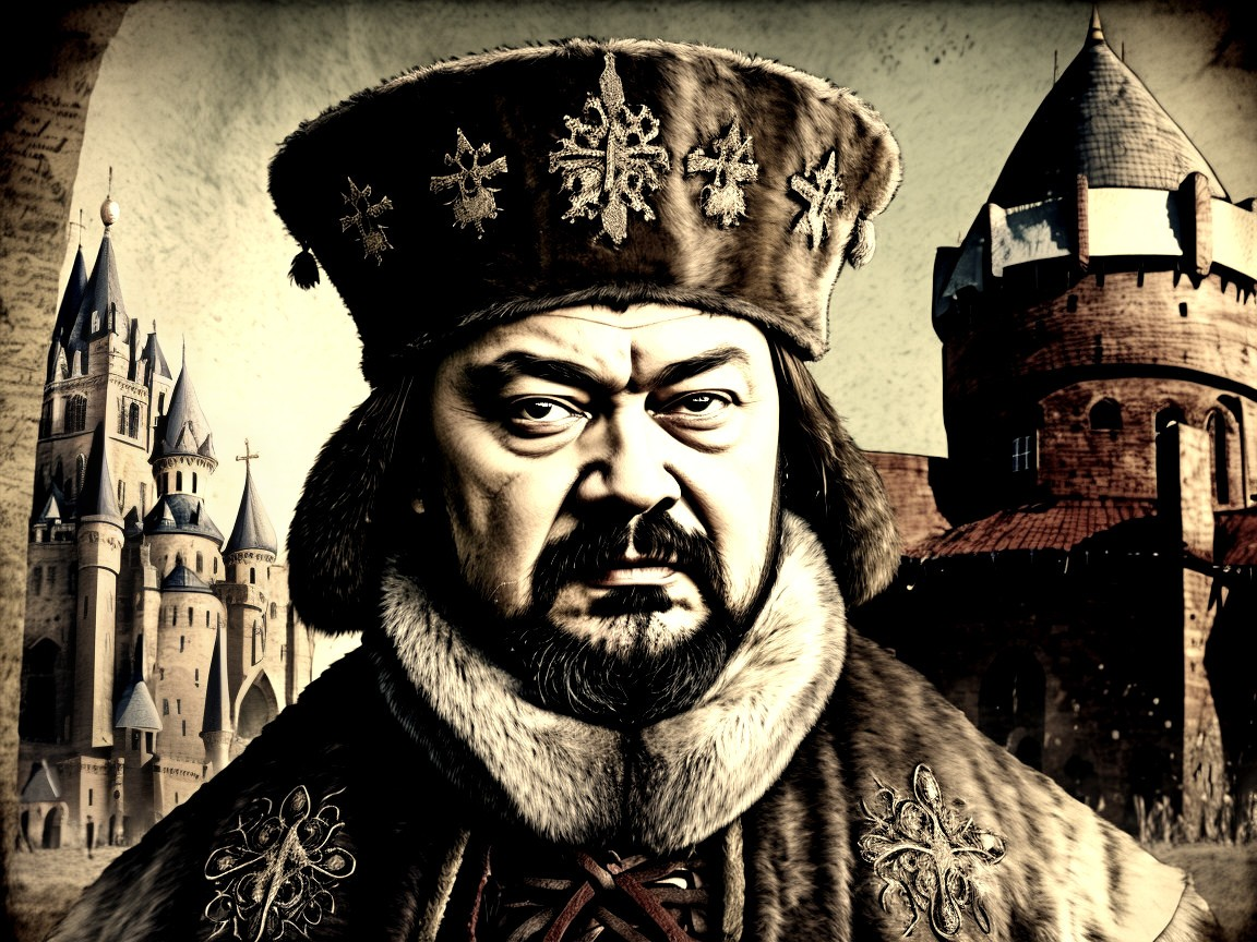 Regal Figure in Ornate Fur Hat and Cloak Amid Castles