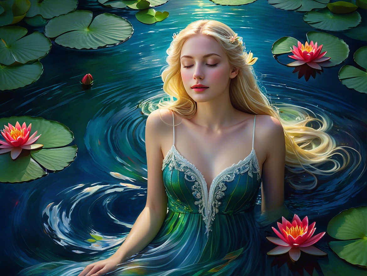 Young Woman in Elegant Dress in Tranquil Pond Scene