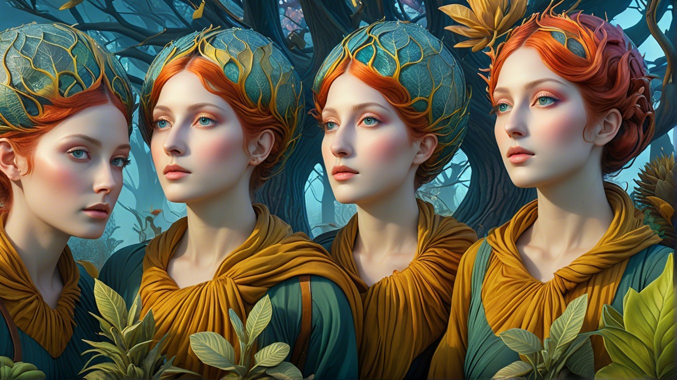 Ethereal Women in Mystical Forest with Golden Headpieces