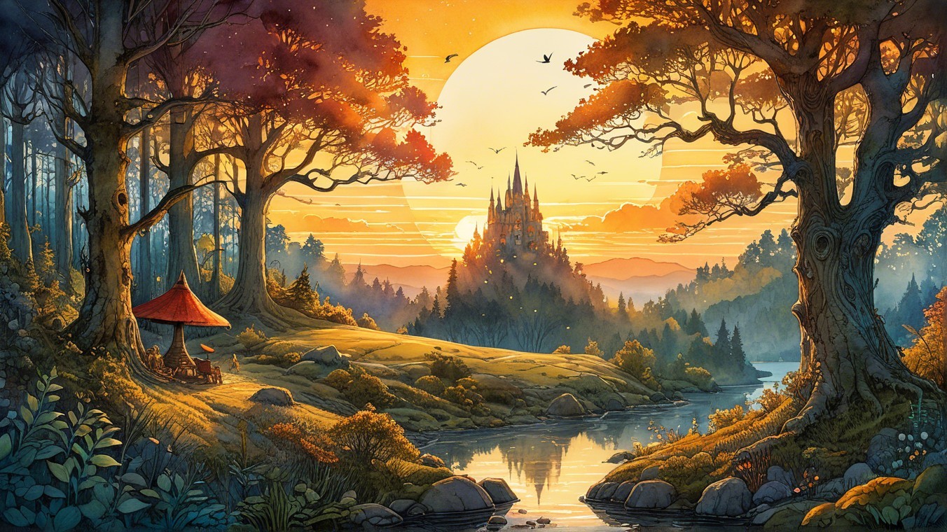 Vibrant Sunset Over Tranquil River and Castle Landscape