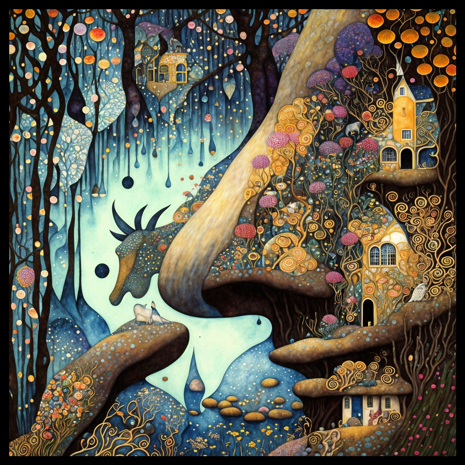Whimsical Landscape with Oversized Mushrooms and Houses