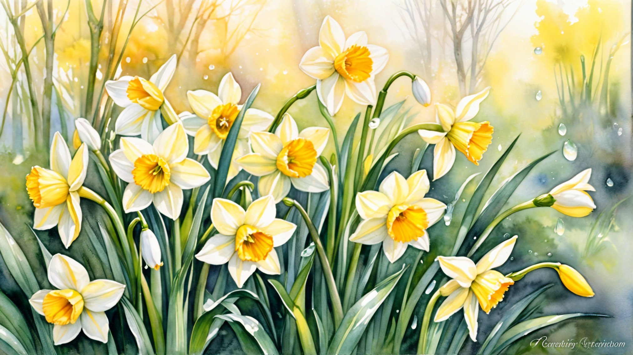Watercolor Daffodils in a Tranquil Spring Scene