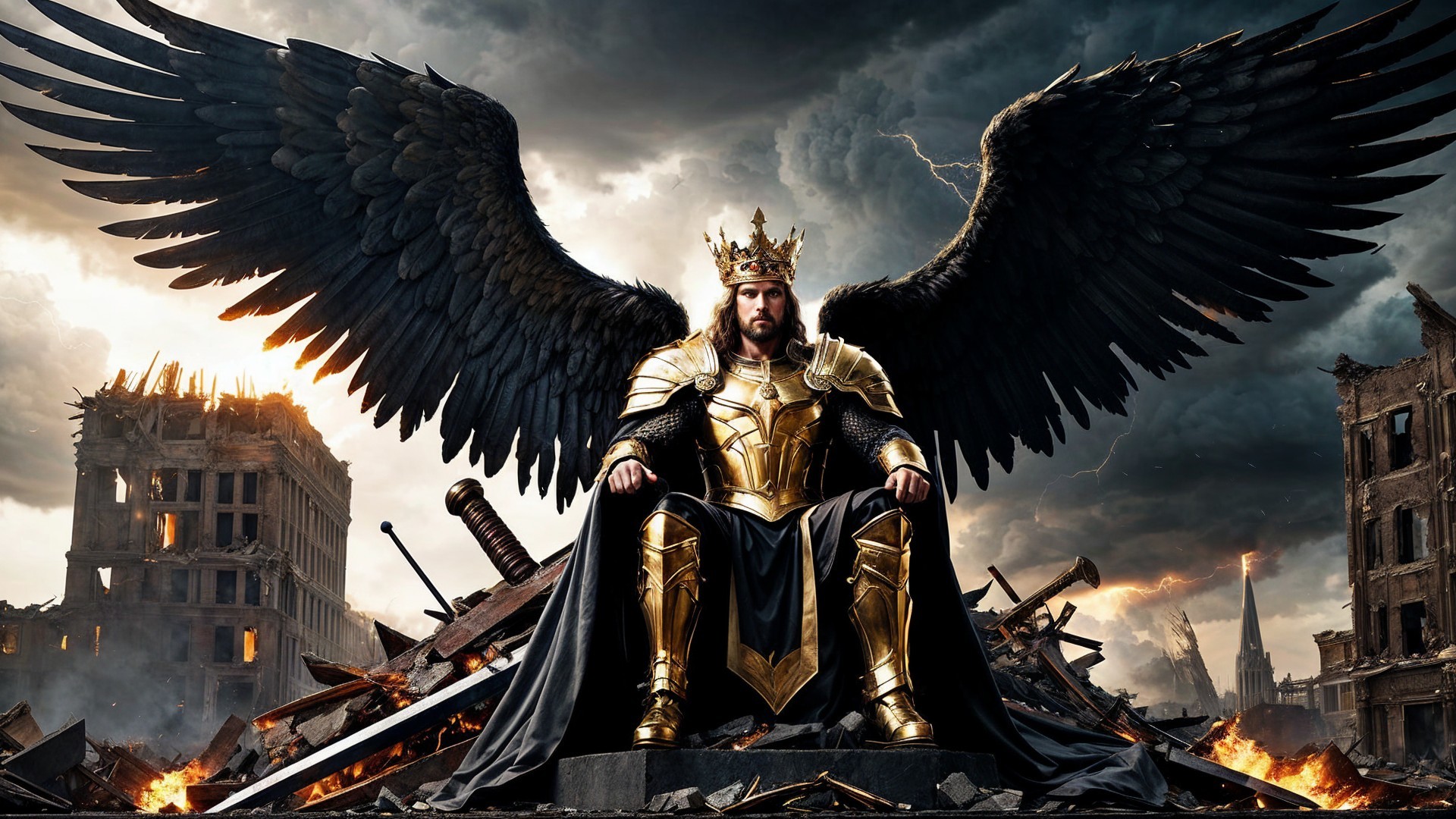 Majestic Figure on Throne Amidst Ruins and Stormy Skies