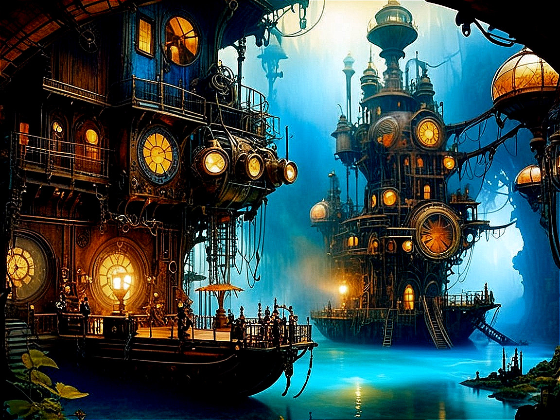 Intricate Steampunk Scene with Clock Towers and Ships
