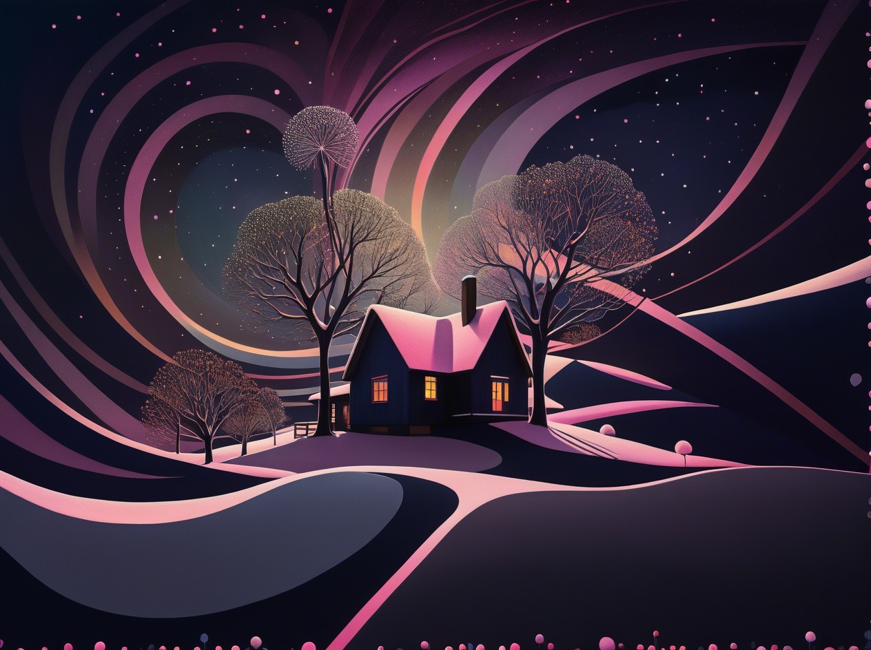 Digital Art of a Blue House on a Dreamlike Hill