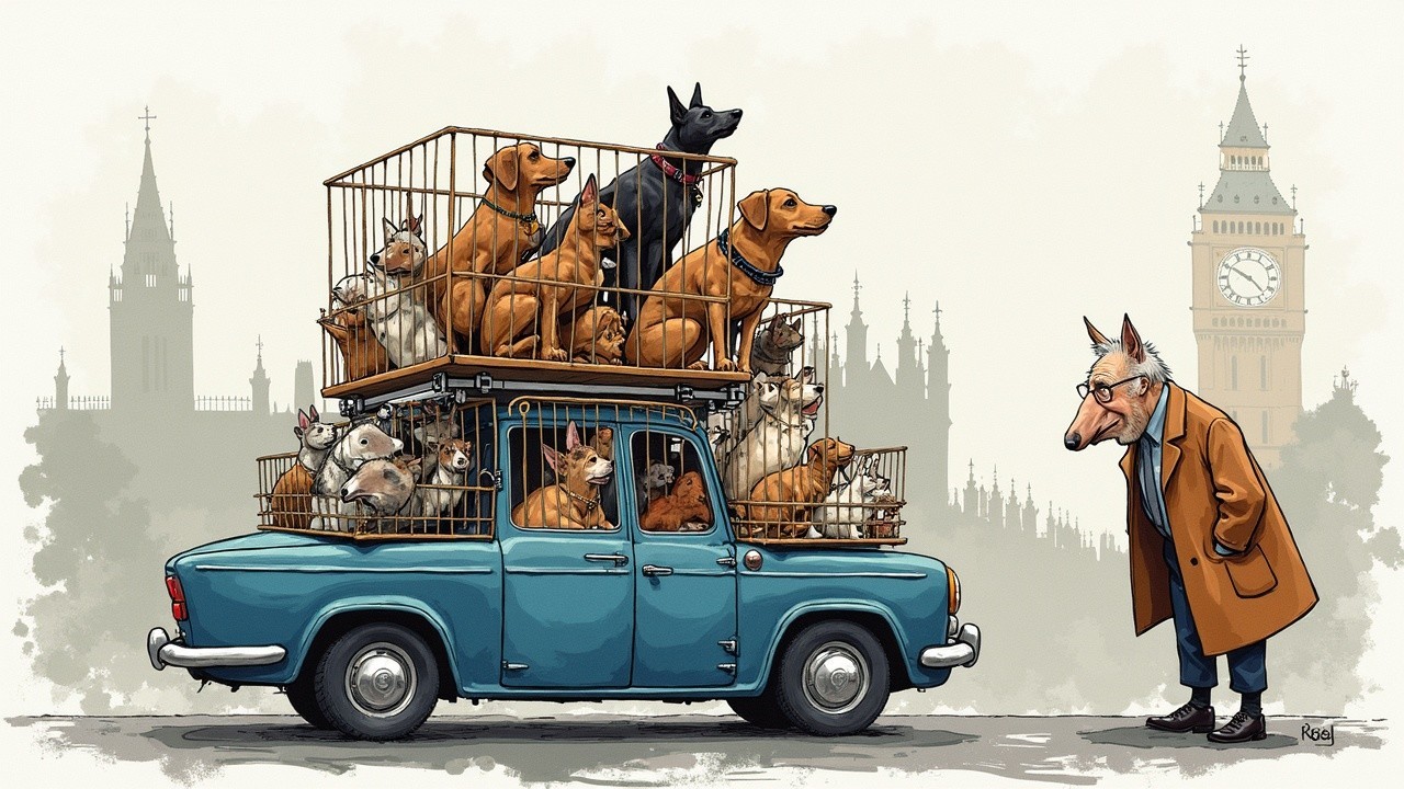 Elderly Man with Pig Face and Vintage Car in London