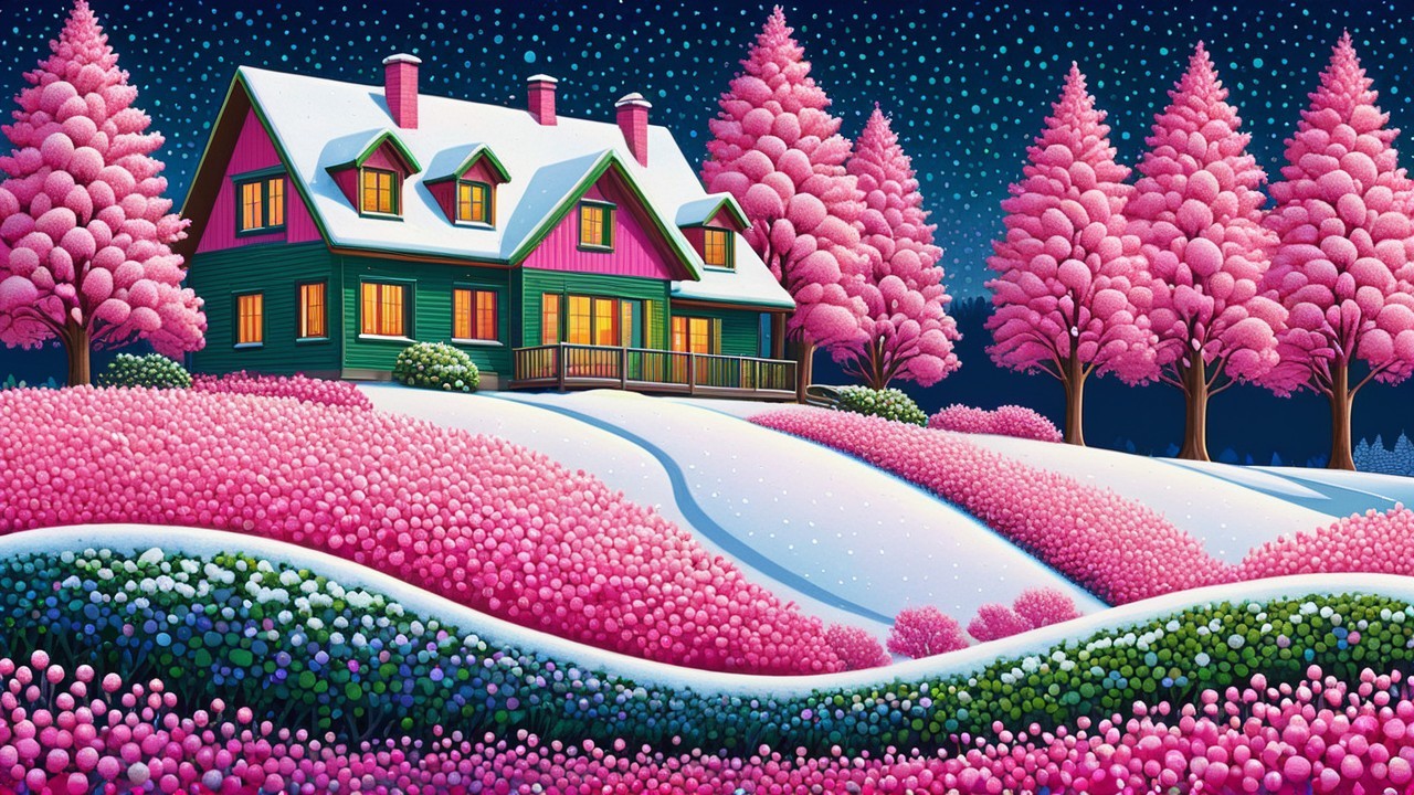 Whimsical Landscape with Snowy House and Starry Sky