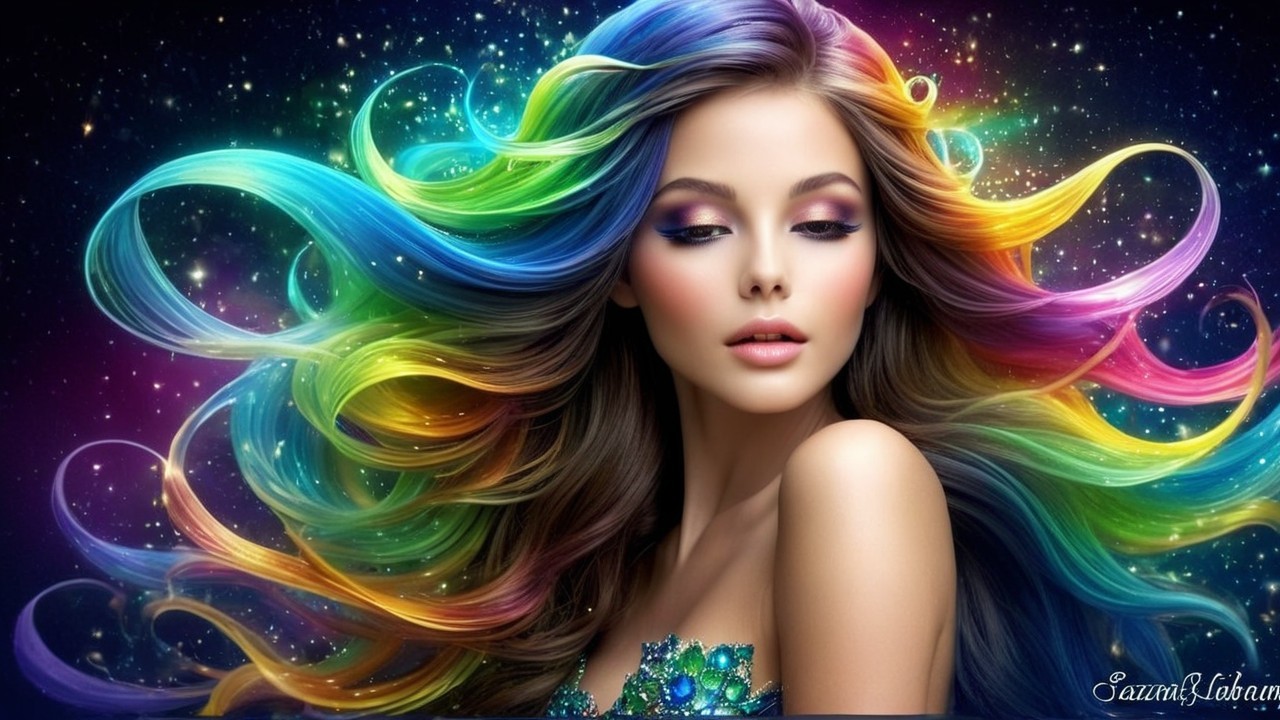 Woman with Rainbow Hair Against Cosmic Background
