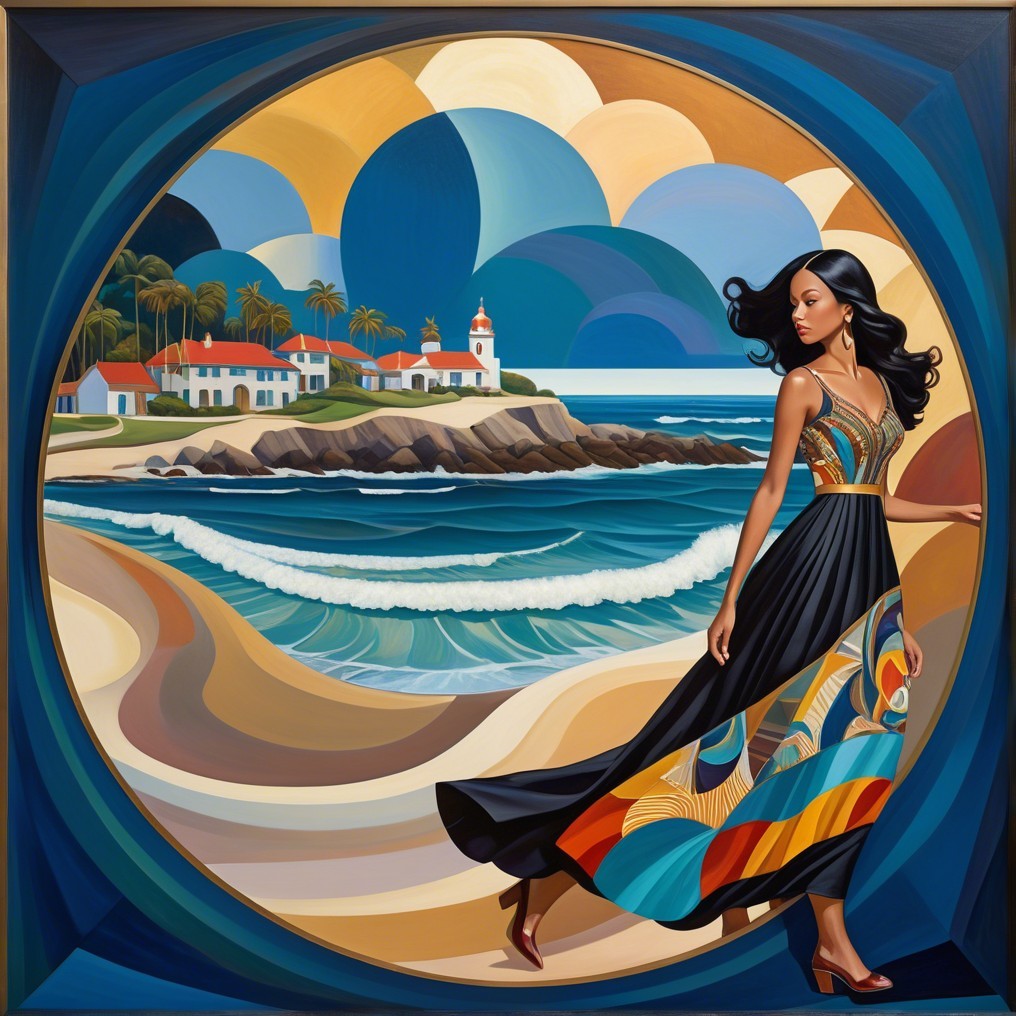 Vibrant Painting of Woman on Beach with Coastal Scene