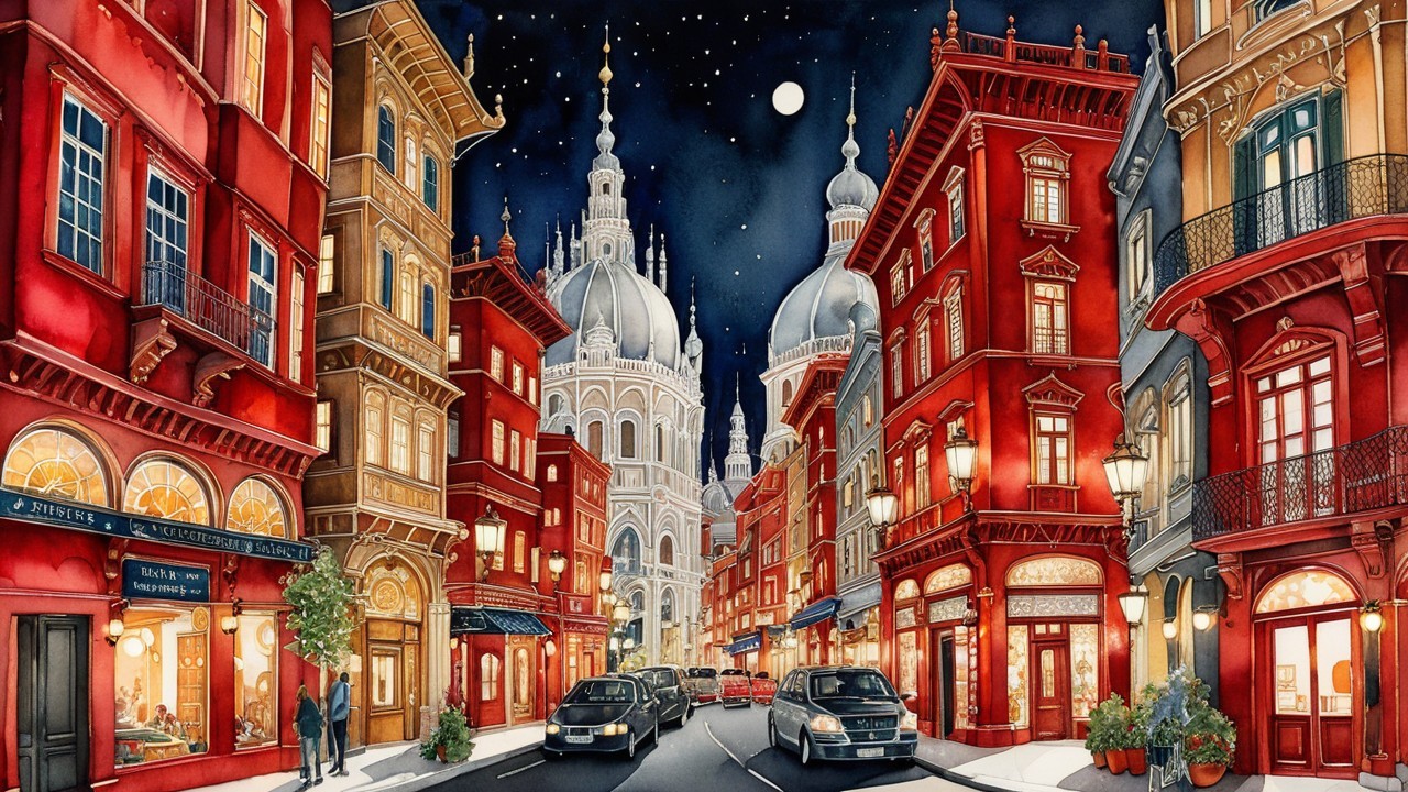 Vibrant Nighttime Cityscape with Red Brick Buildings