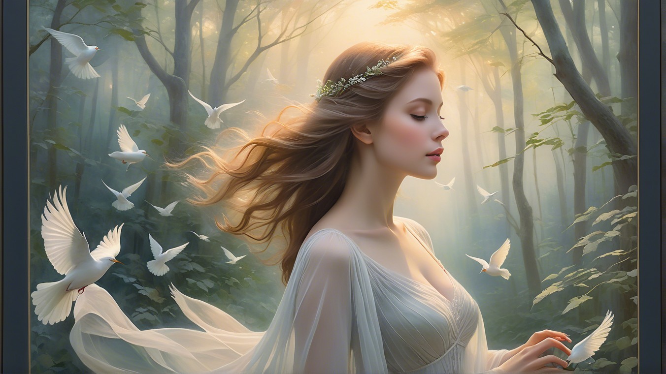 Young woman in serene forest with doves and mist