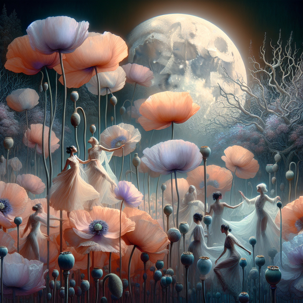 Dreamlike Landscape with Ethereal Figures and Poppies