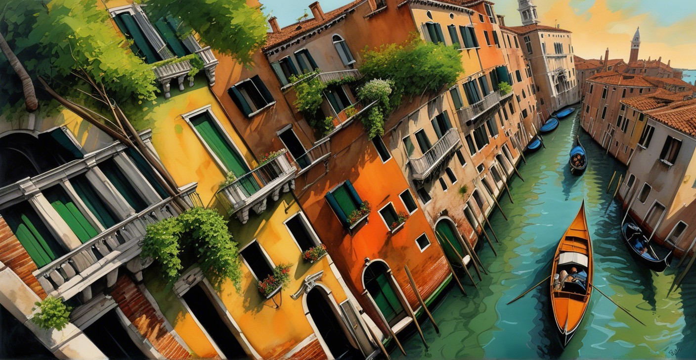 Vibrant Canal Scene with Colorful Venetian Architecture