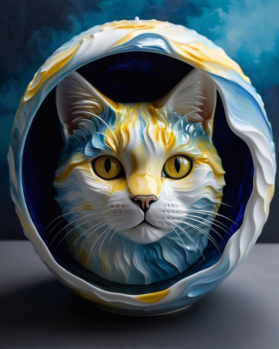 Iridescent Cat Bust Sculpture with Glossy Paint Details