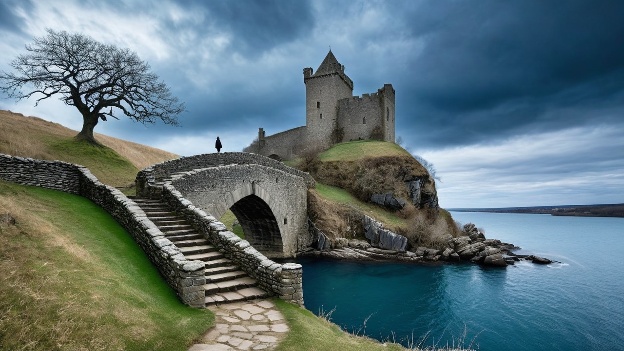 Solitary Figure on Stone Bridge to Medieval Castle