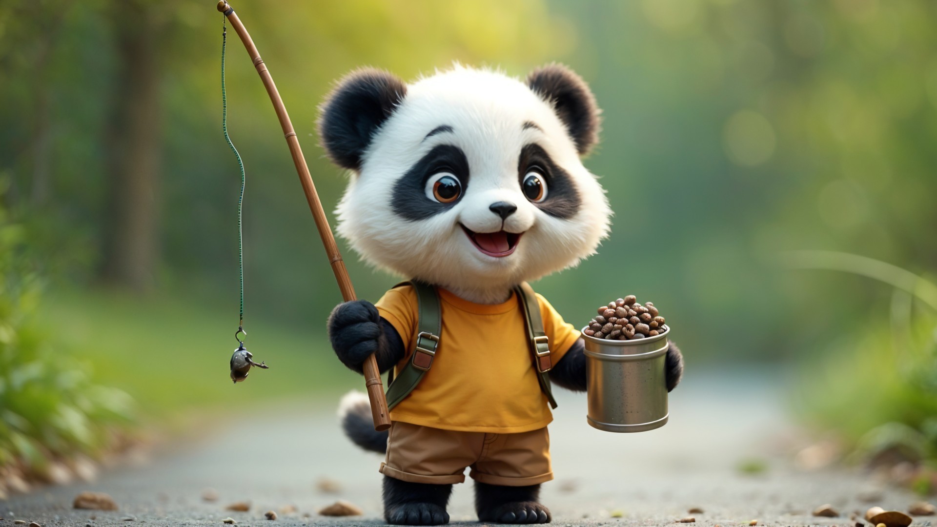 Cartoon Panda Character on Sunlit Path with Fishing Rod