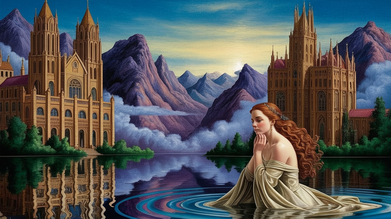 Young Woman in Lake Surrounded by Castles and Mountains