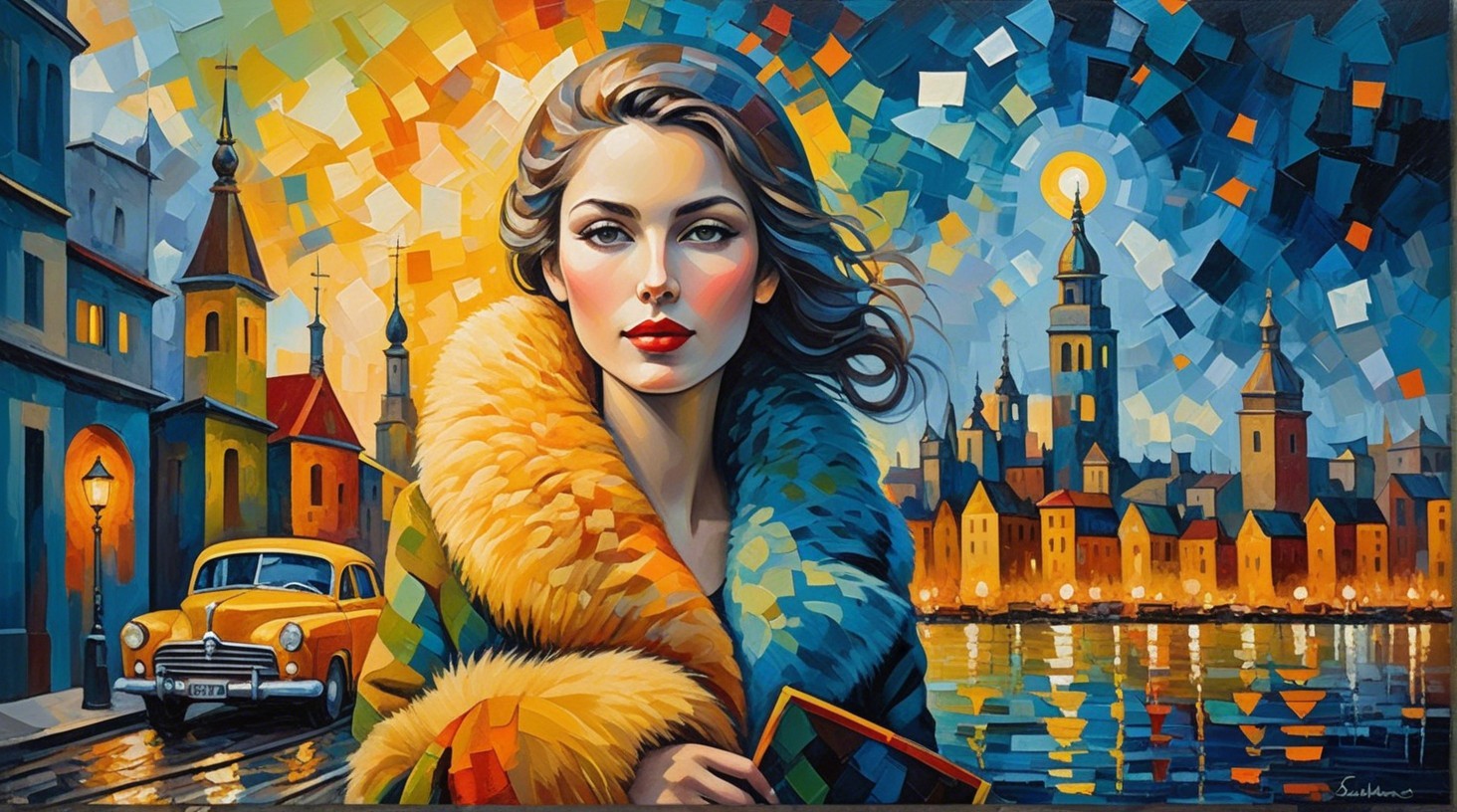 Portrait of a Woman with Colorful Cityscape Background