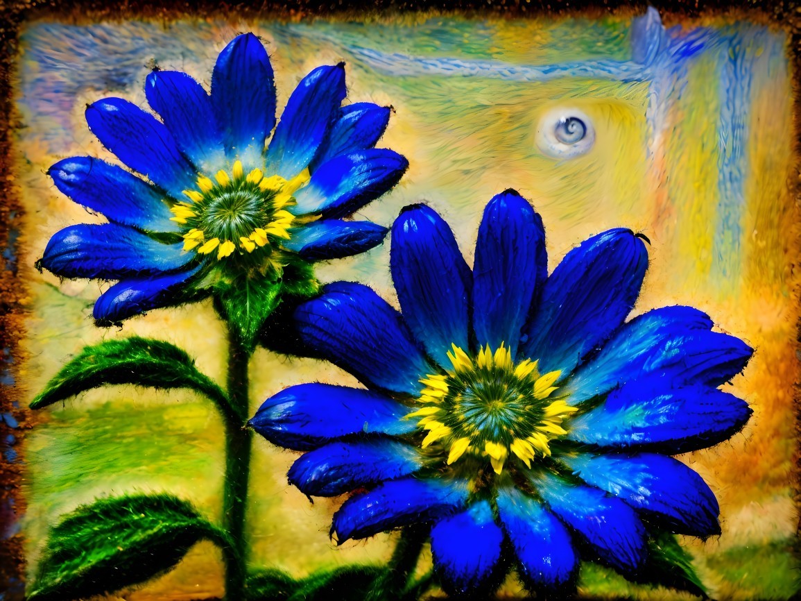 Vibrant Blue Flowers with Yellow Centers on Abstract Background