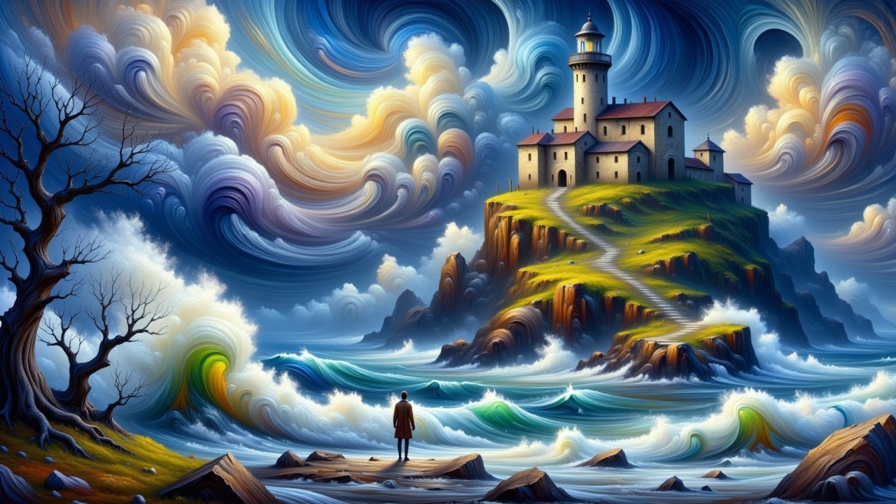 Vibrant Lighthouse Landscape with Dynamic Waves and Clouds
