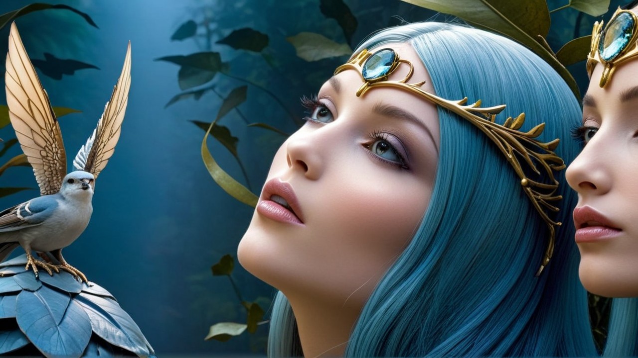 Ethereal Women with Blue Hair in Mystical Forest