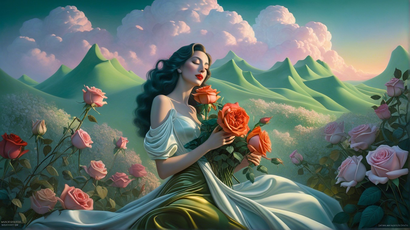 Ethereal Woman in Garden with Roses and Pastel Mountains