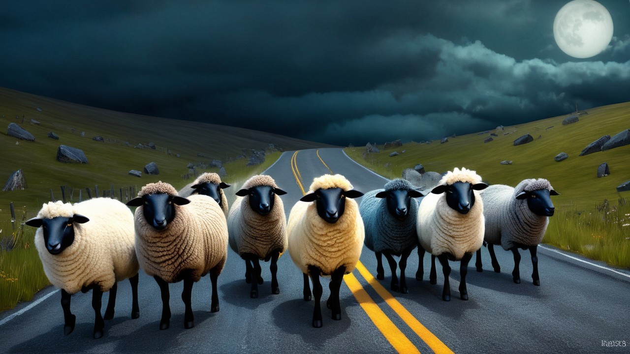 Sheep on Winding Road Under Dramatic Night Sky
