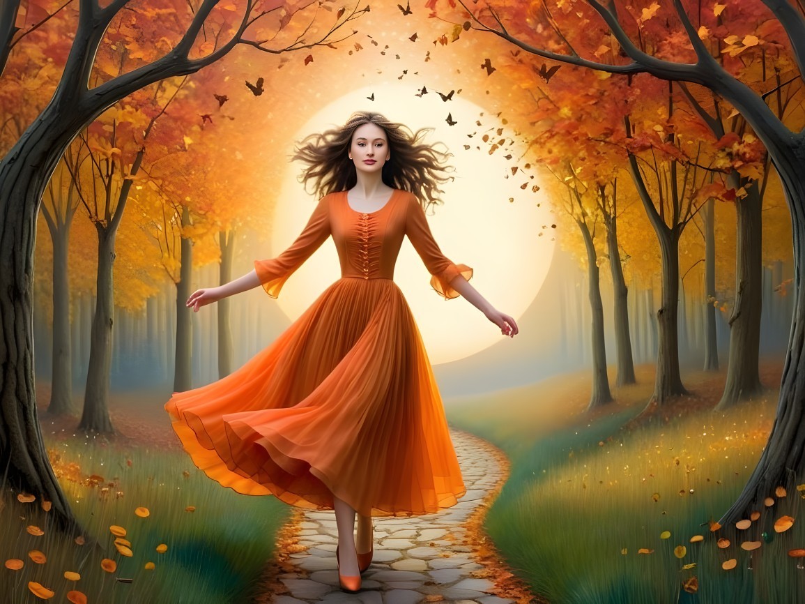 Young Woman in Orange Dress Twirling in Autumn Forest