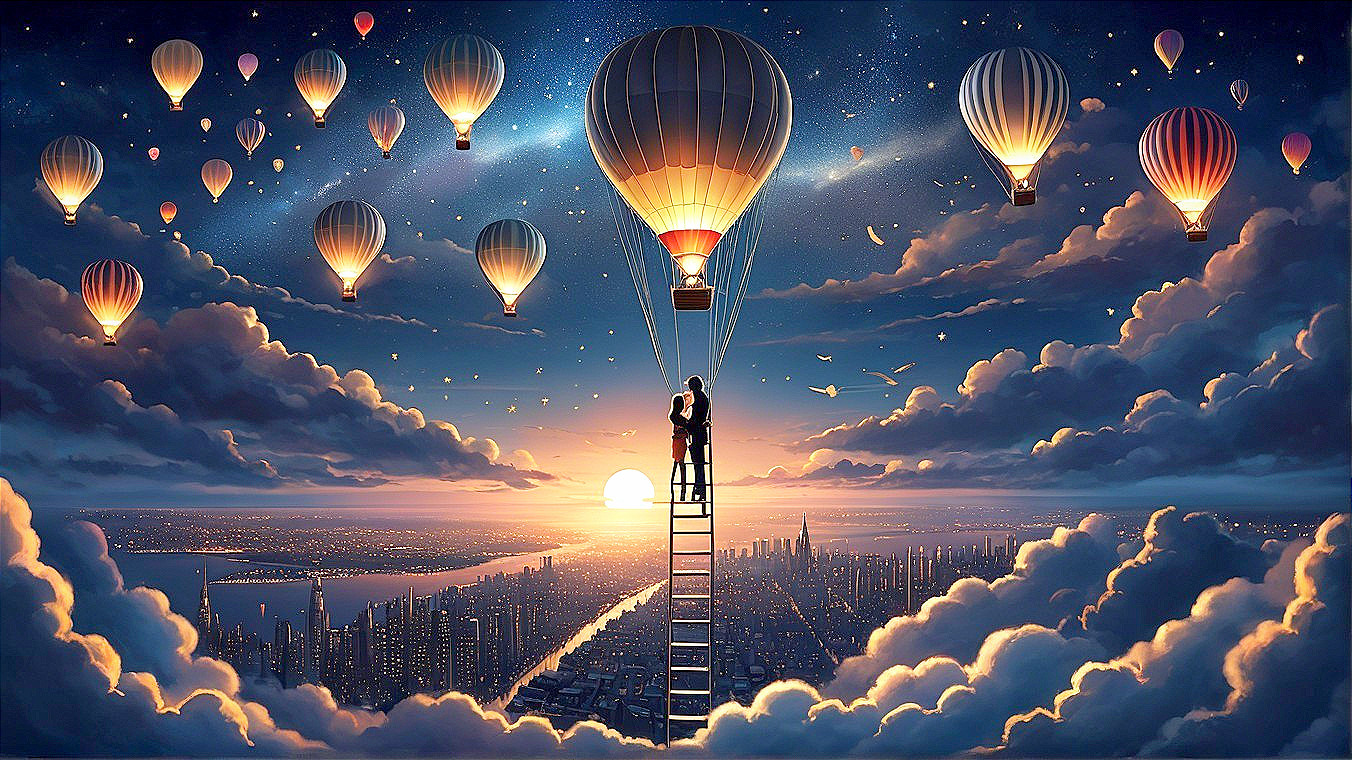 Couple Embracing on Ladder Amidst Hot Air Balloons