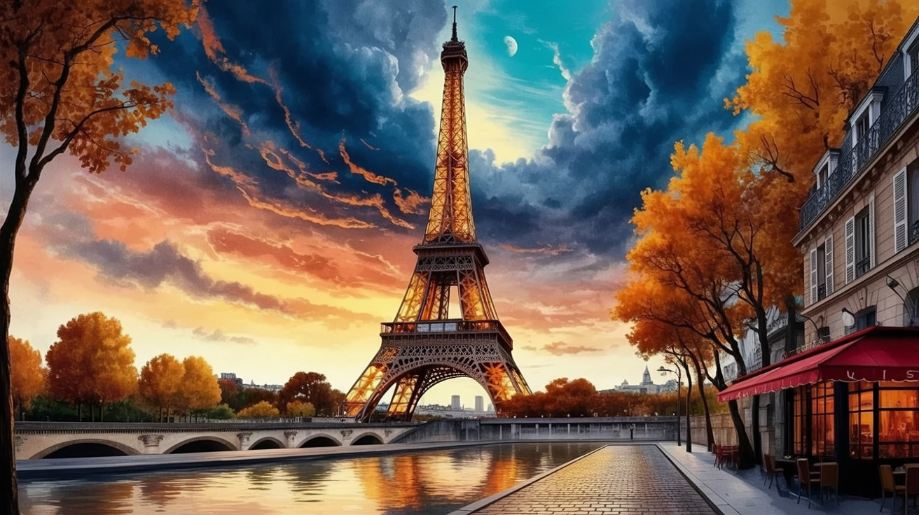 Eiffel Tower at Sunset Surrounded by Autumn Trees