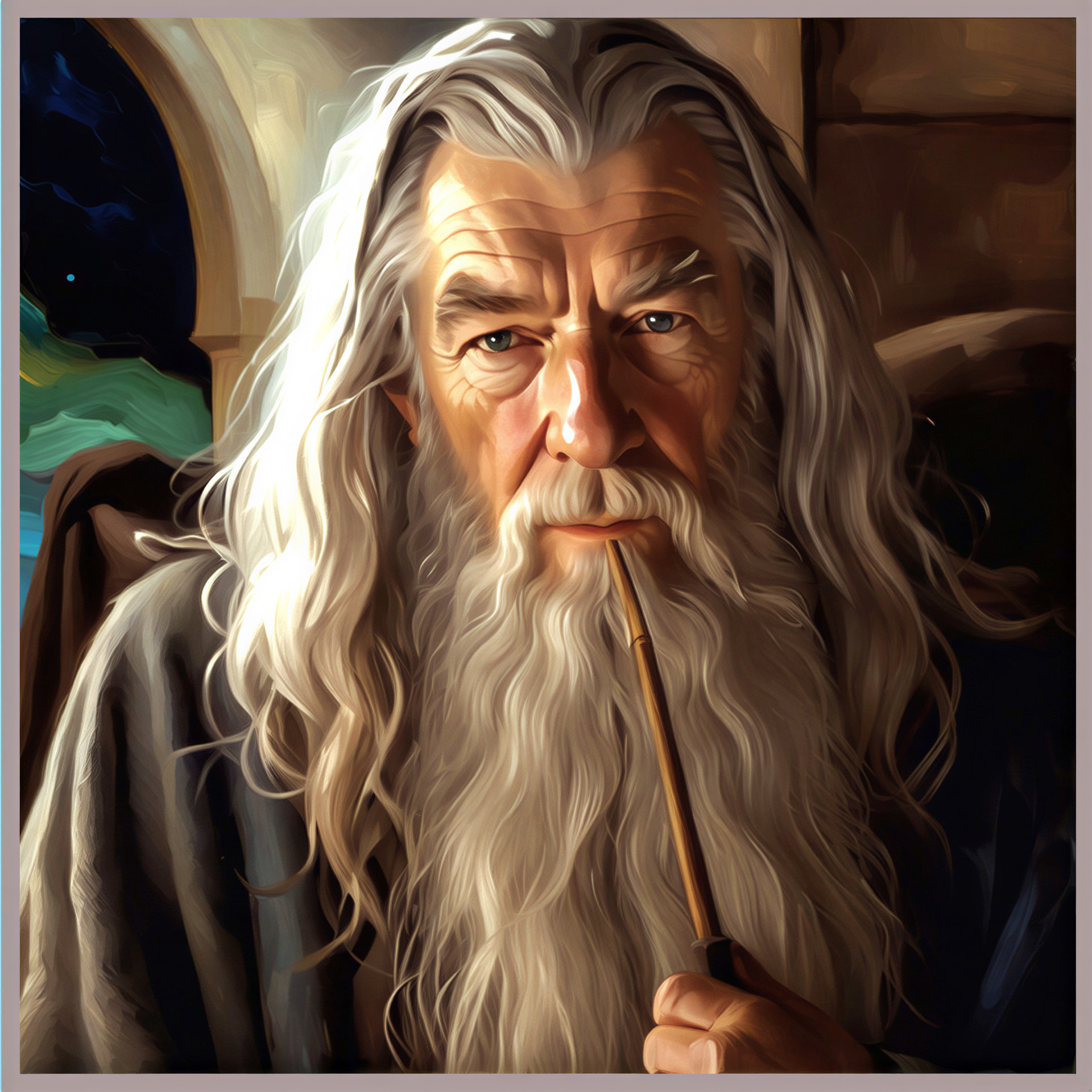 Elderly figure with silver hair in mystical landscape