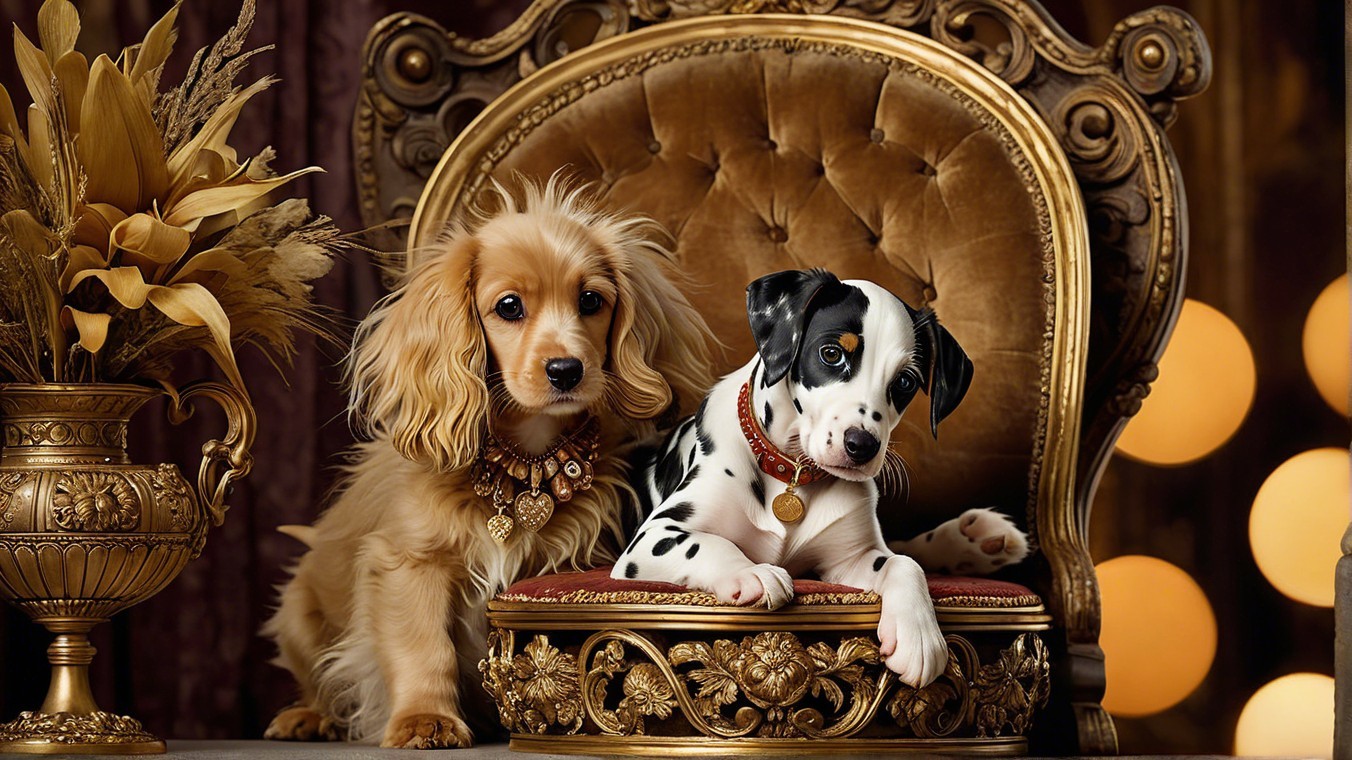 Dogs on a Lavish Golden Chair in Elegant Setting