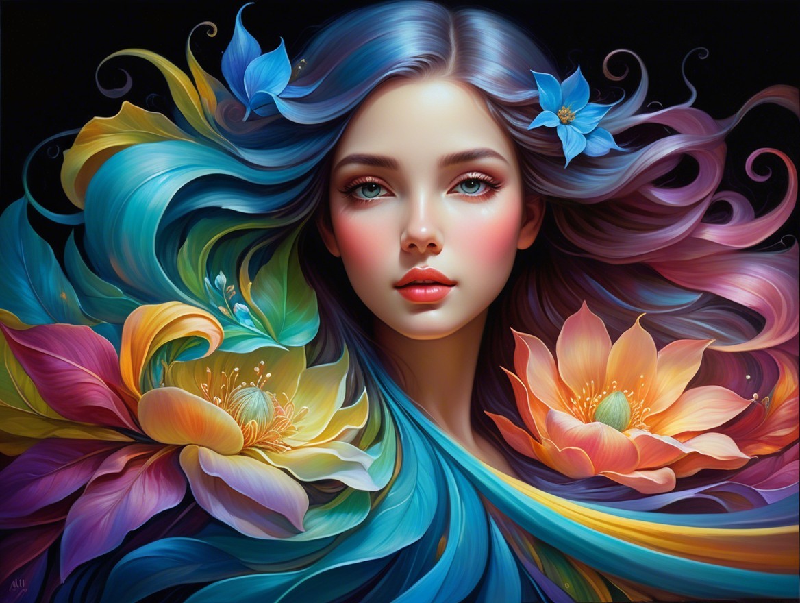 Portrait of a Young Woman with Colorful Hair and Flowers