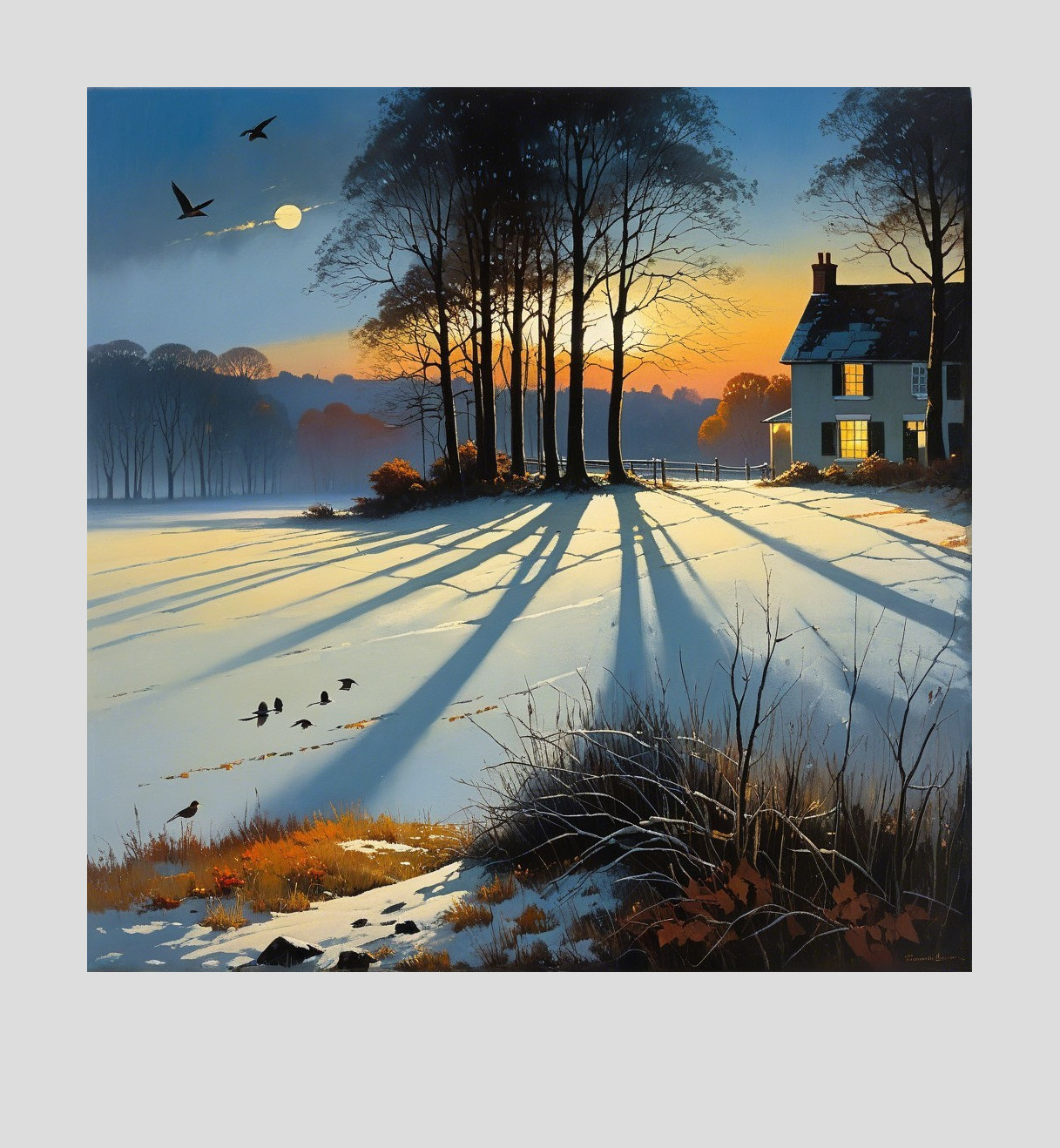 Serene Winter Landscape with Quaint House and Trees