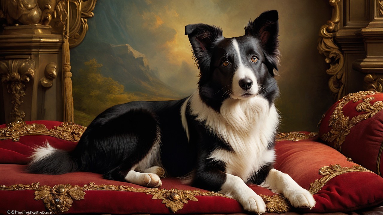 Regal Border Collie on Ornate Cushion in Scenic Setting