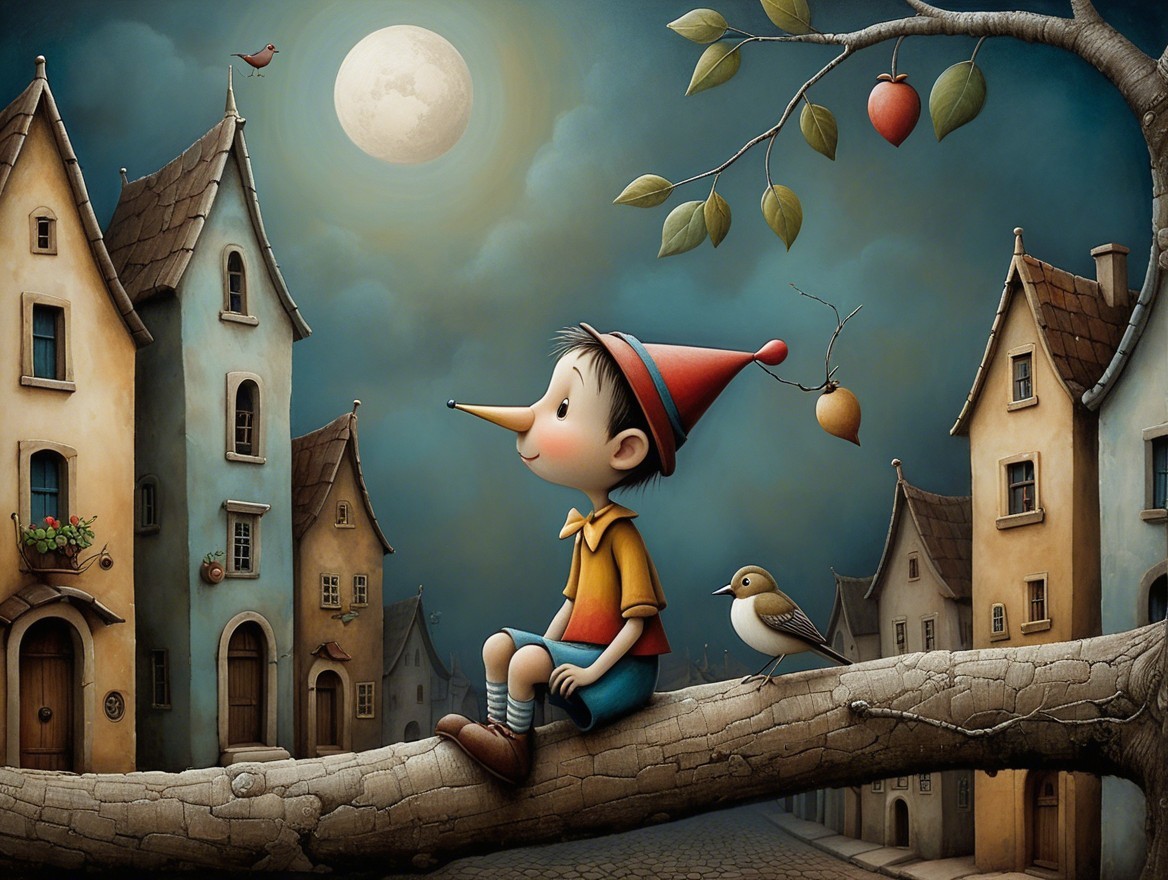 Whimsical Scene of a Boy, Moon, and Colorful Houses