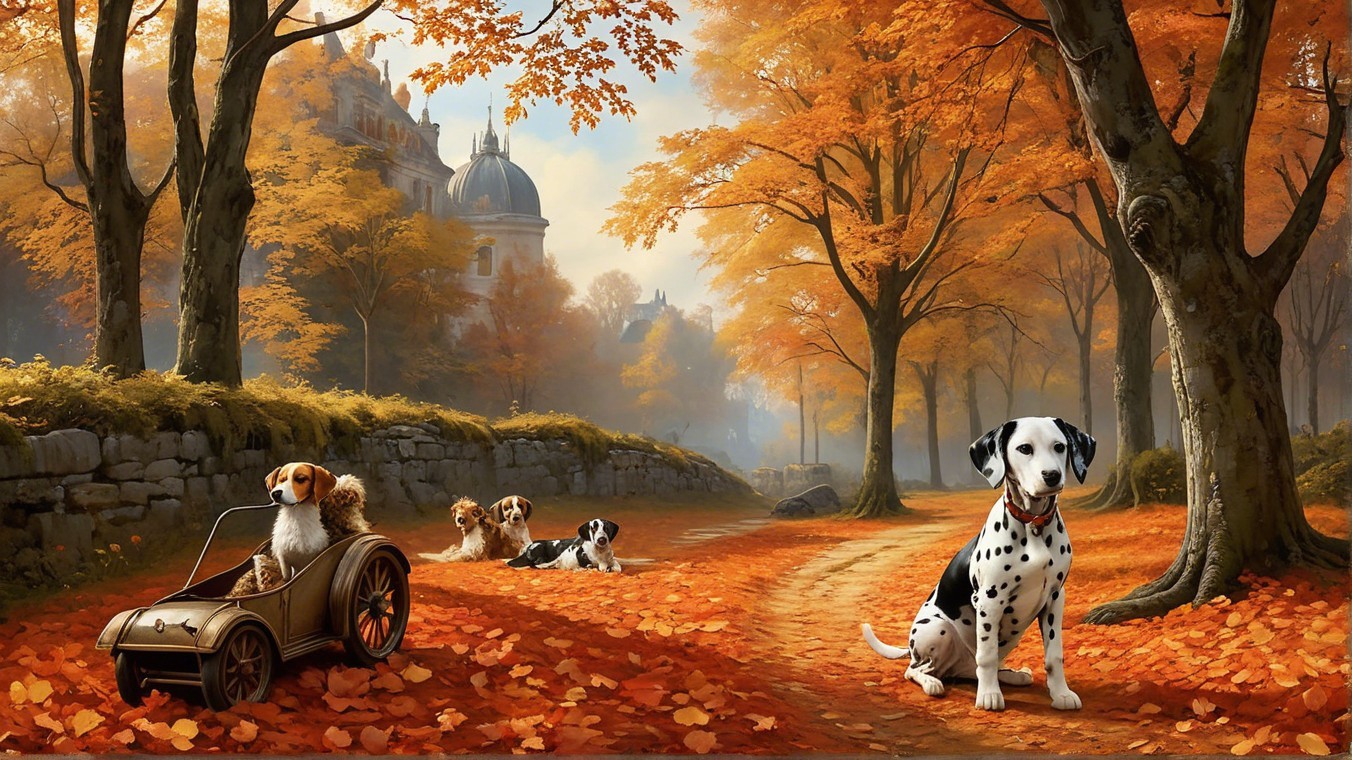 Autumn Scene with Dogs and Vintage Mansion Background