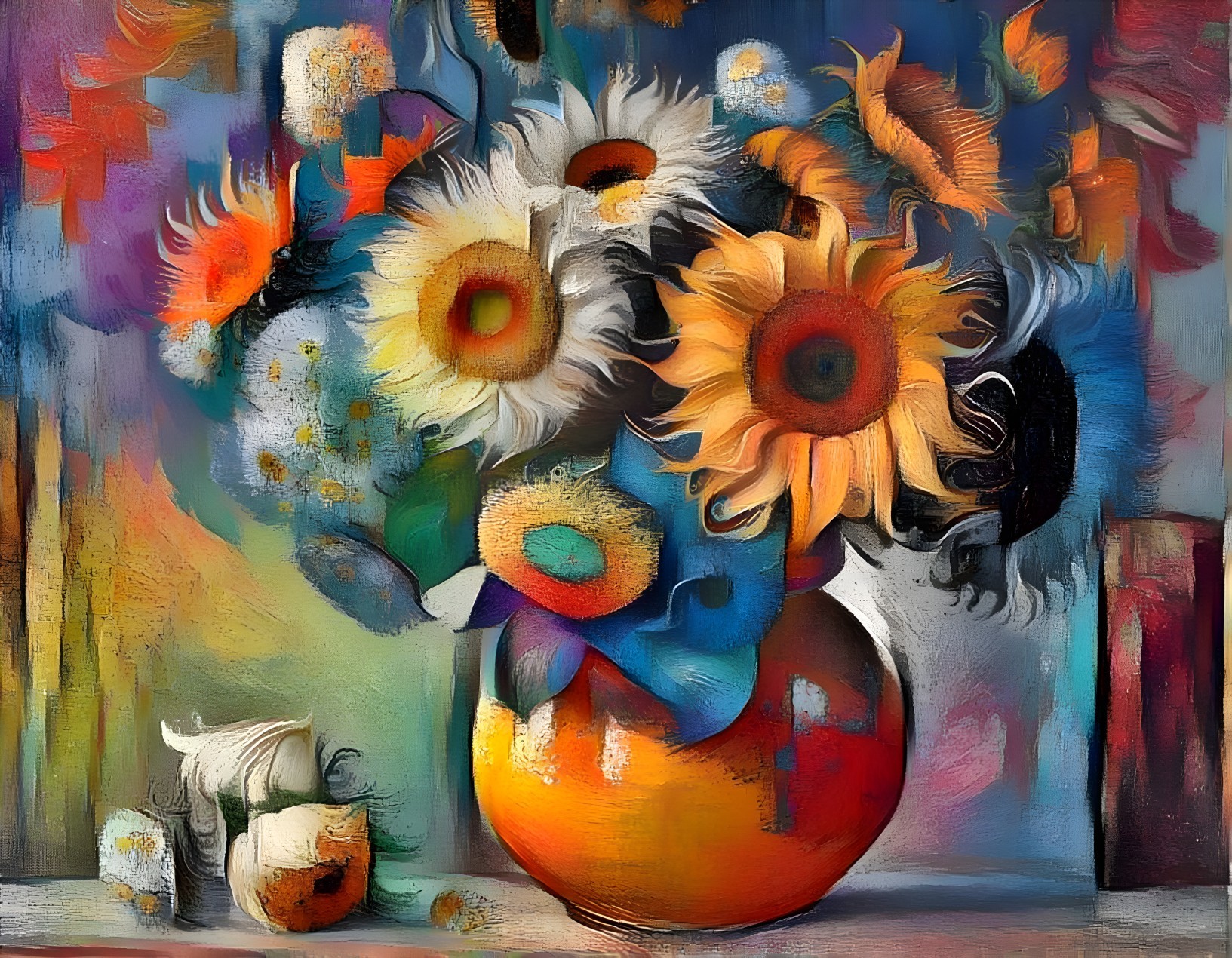Abstract Floral Arrangement in Orange Vase