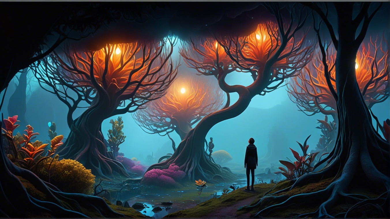 Mystical Landscape with Luminescent Trees and Water