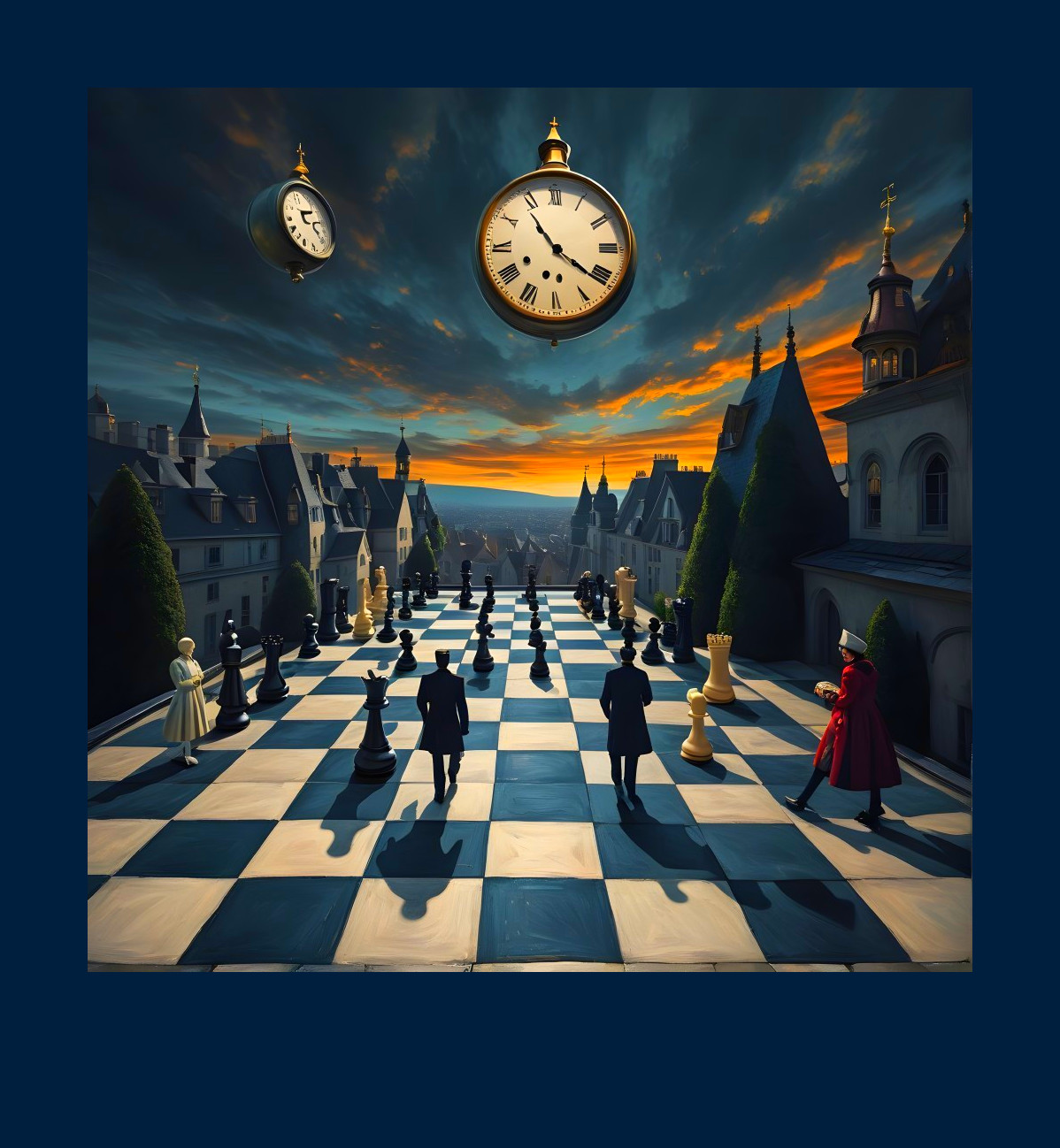 Surreal Chess Scene with Floating Clocks at Sunset