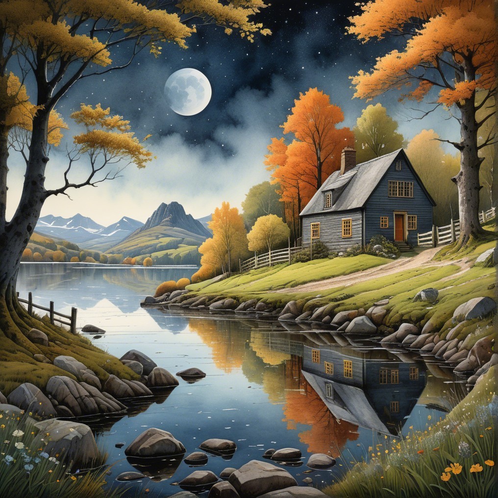 Cozy Cabin by Tranquil Lake in Autumn Landscape