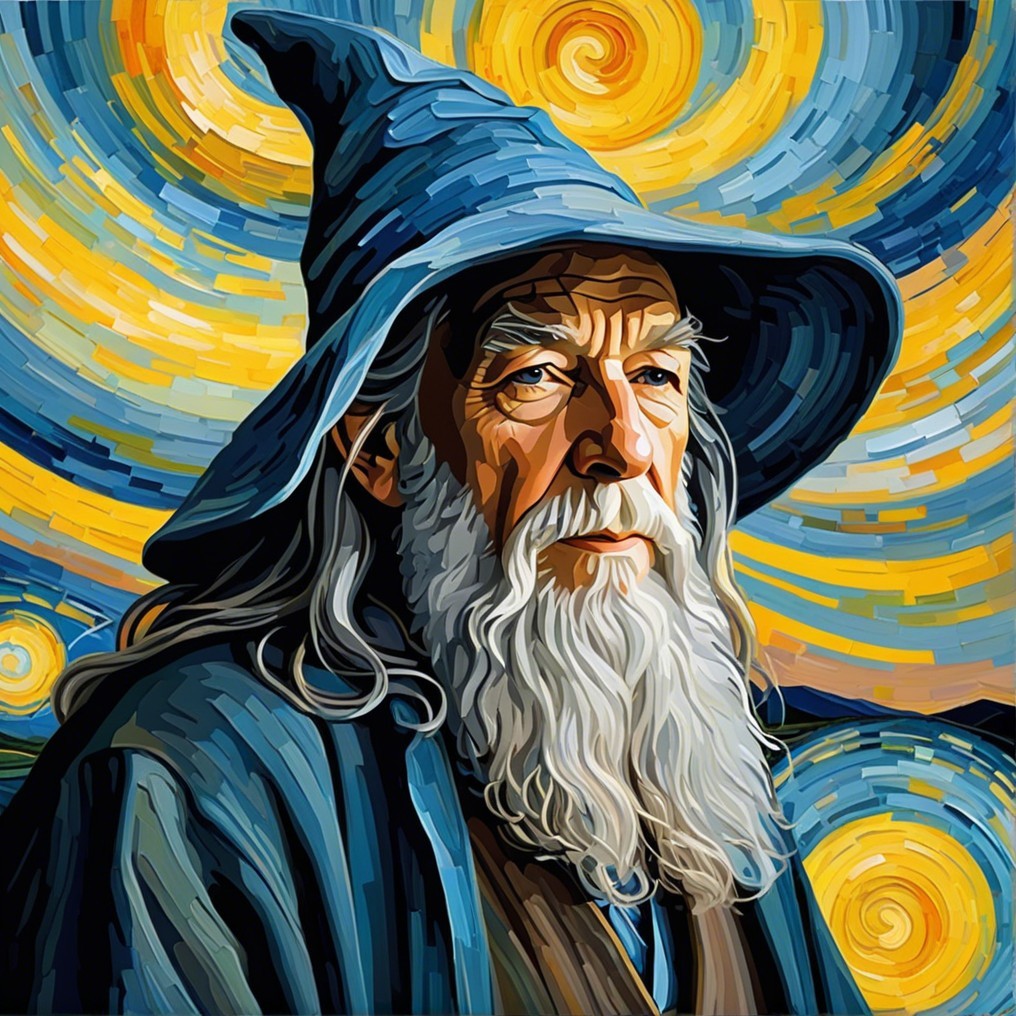 Elderly wizard in blue hat with vibrant starry background