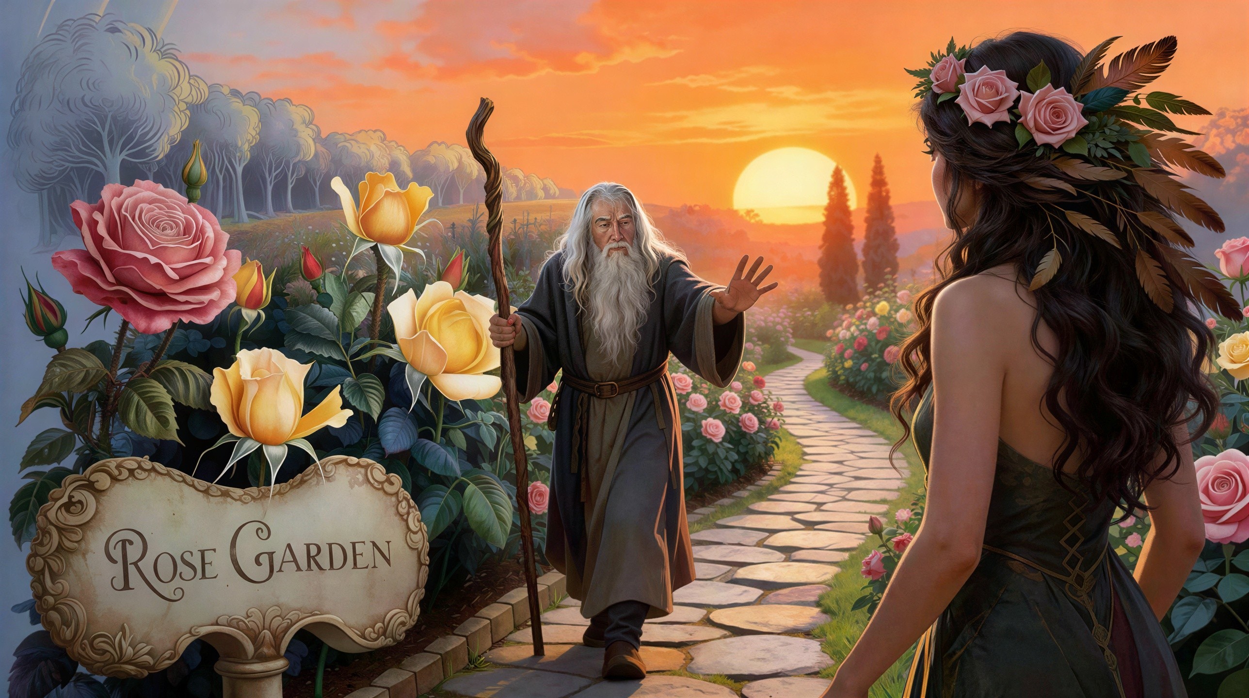 Digital Painting of Rose Garden at Sunset Scene
